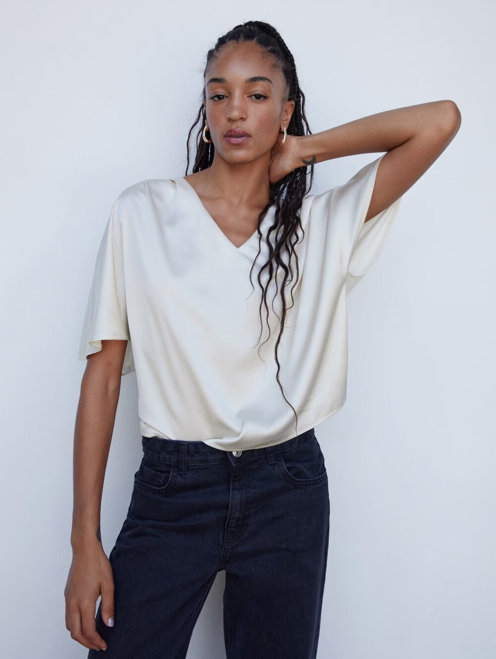 Mango Flowy Satin Short Sleeve Top